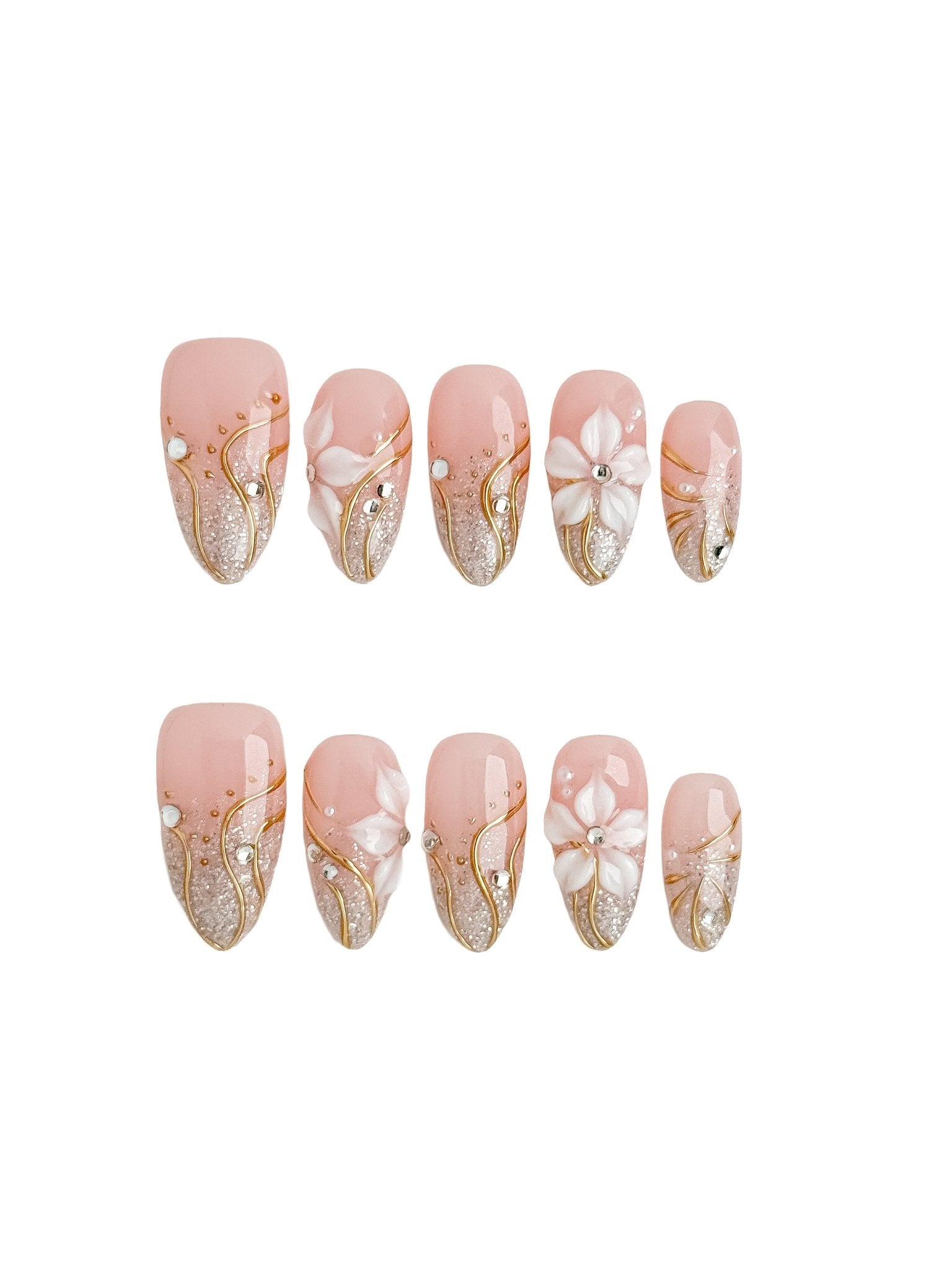 Ivory Éclat 3D Floral Press On Nails Medium Almond