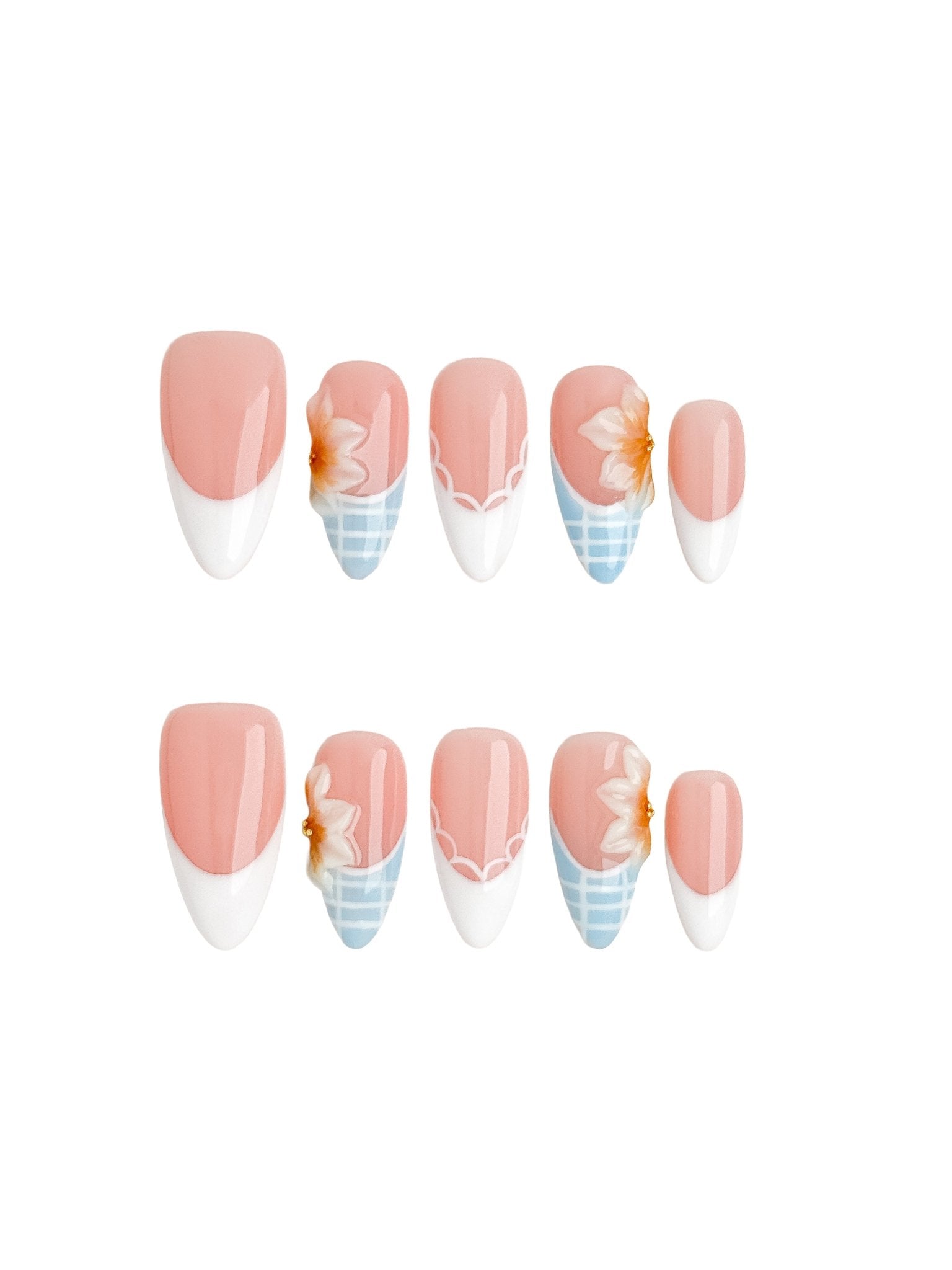 Ciel de Fleur Blue French Press On Nails Medium Almond
