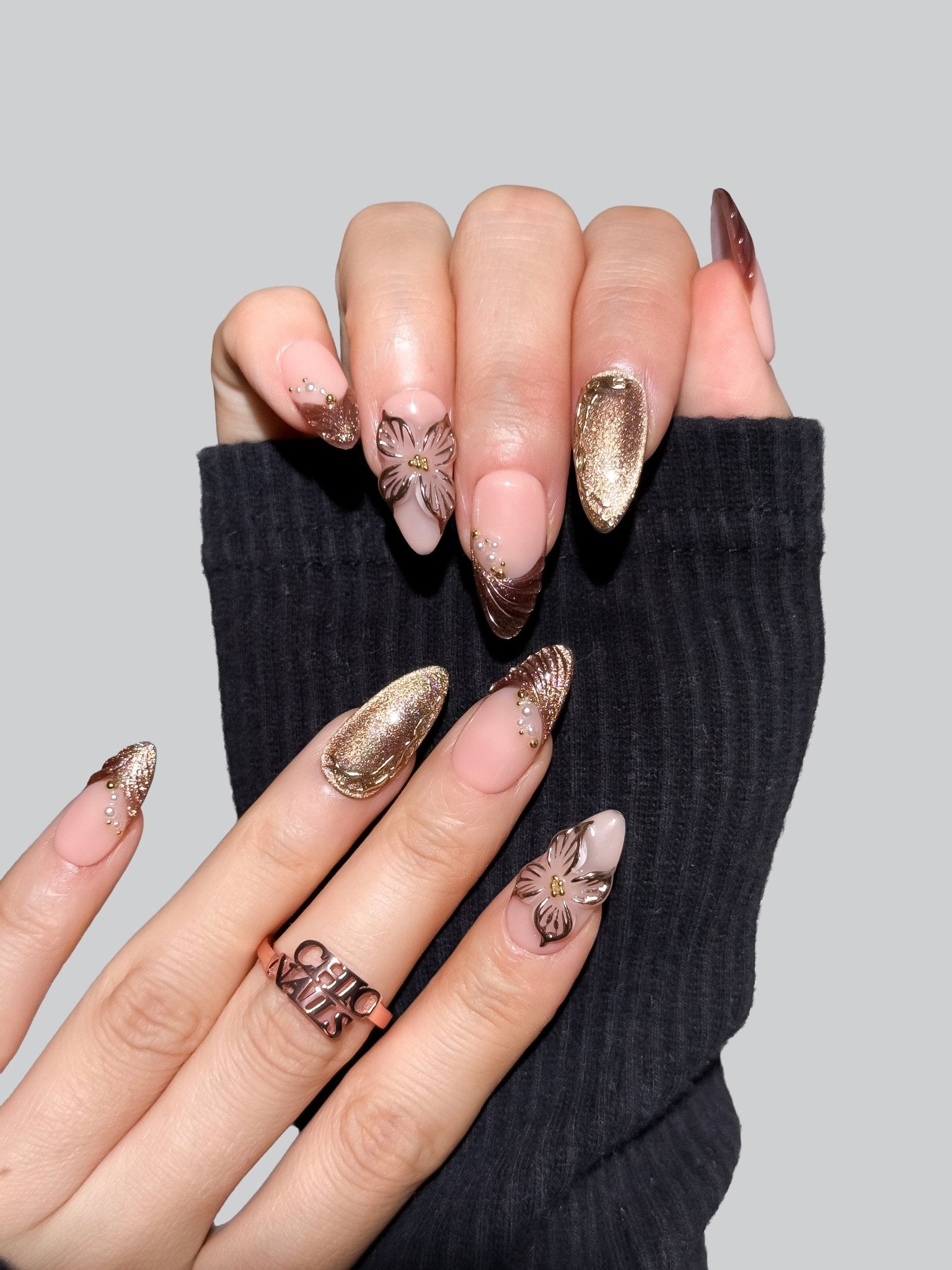 Chocolate Bloom Press On Nails – Medium Almond